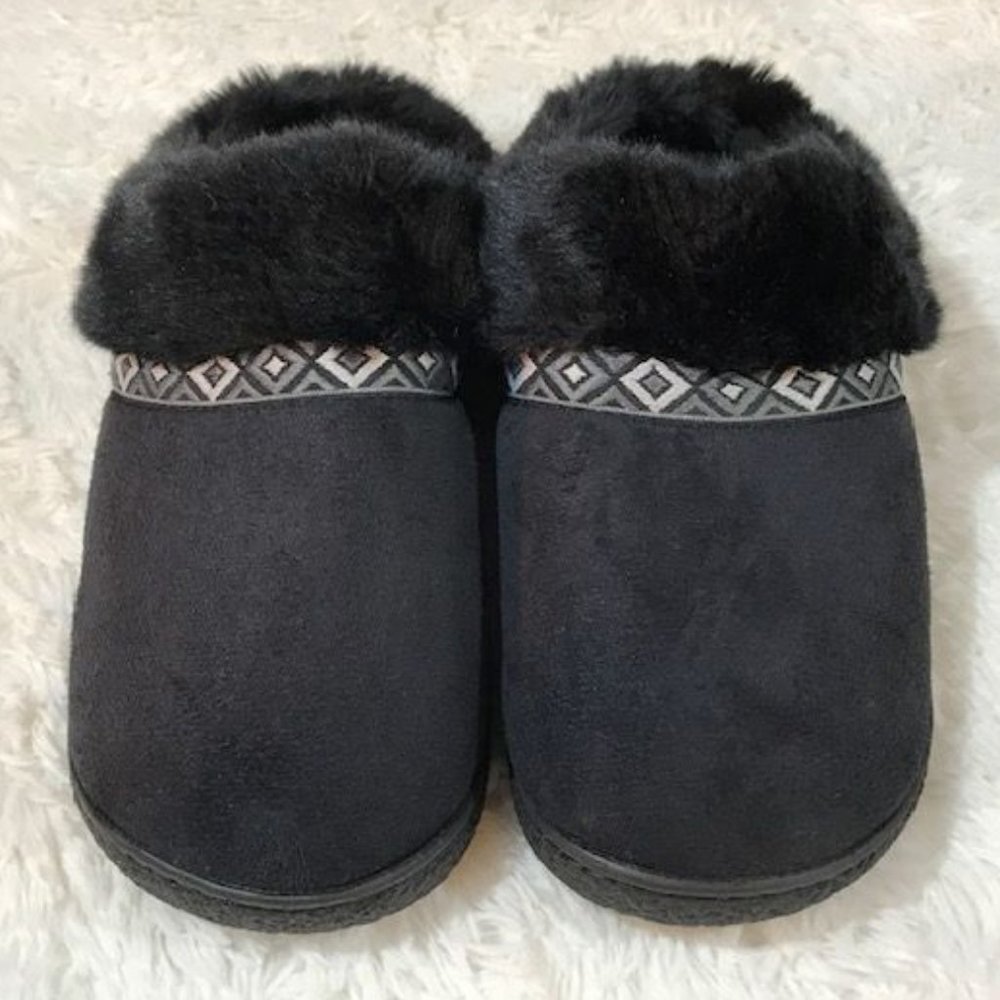 Isotoner Washable Microsuede Faux Fur Embroidered Slipper